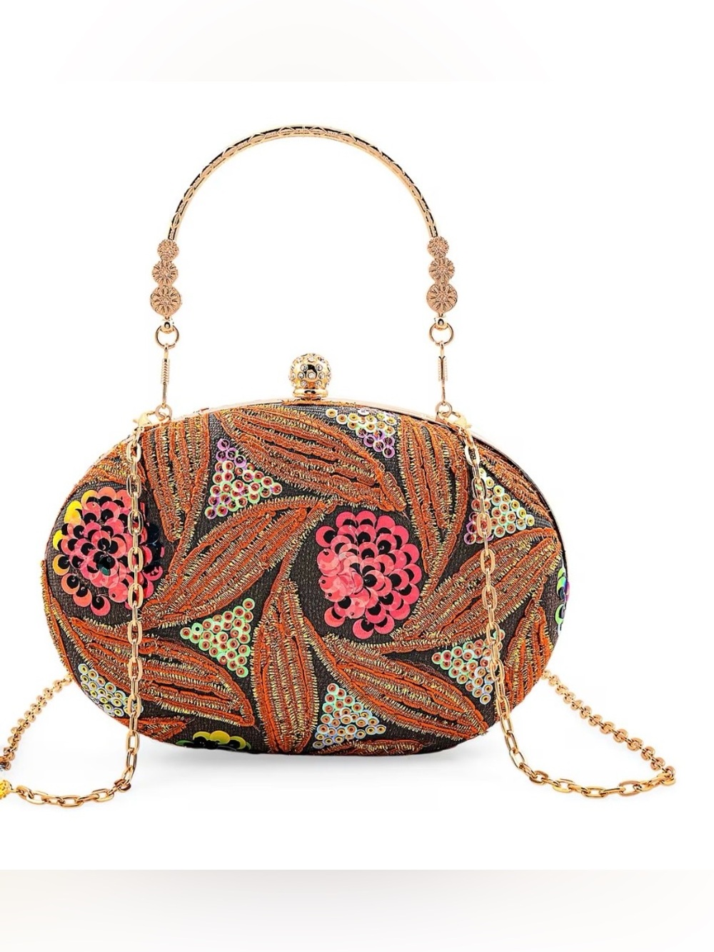 Faux Leather Oval Sequins Floral evening Bag with Shoulder Strap New